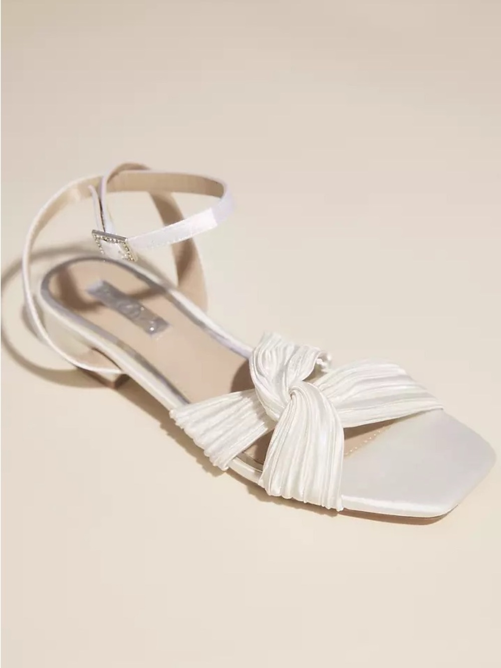 Women's White Twist Knotted Ankle-Strap‎ Sandals Satin Flat Dolly